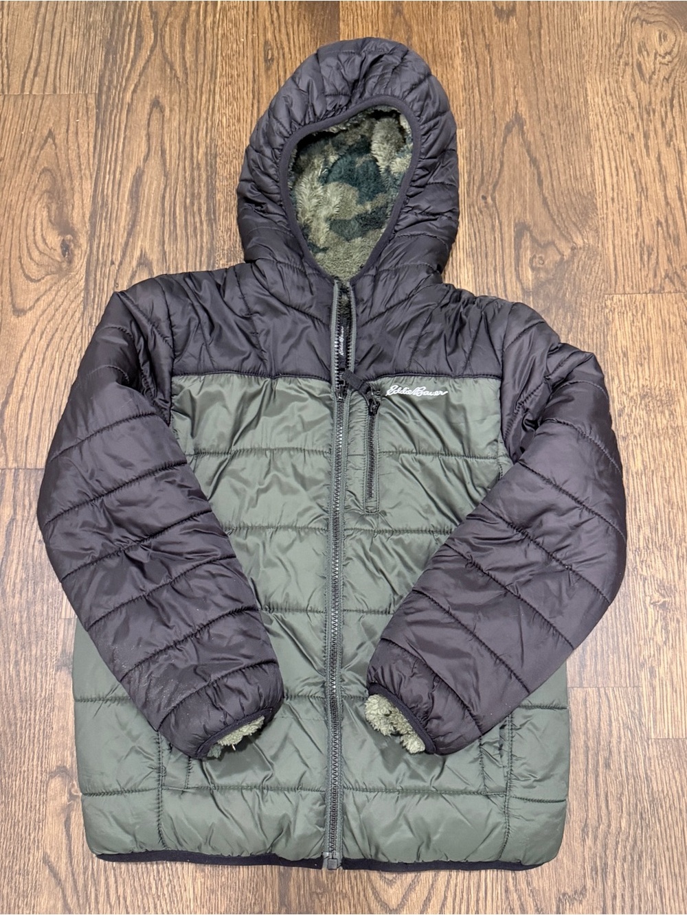 Eddie Bauer Olive & Black Hooded Puffer Jacket